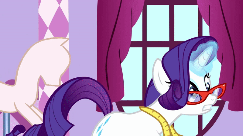 Size: 800x450 | Tagged: safe, screencap, character:rarity, character:sweetie belle, species:pegasus, species:pony, episode:growing up is hard to do, g4, my little pony: friendship is magic, animated, annoyed, cloth, clothing, female, gif, glasses, holding on, magic, magic glow, mannequin, measuring tape, puppy dog eyes, shake, siblings, sisters, surprised