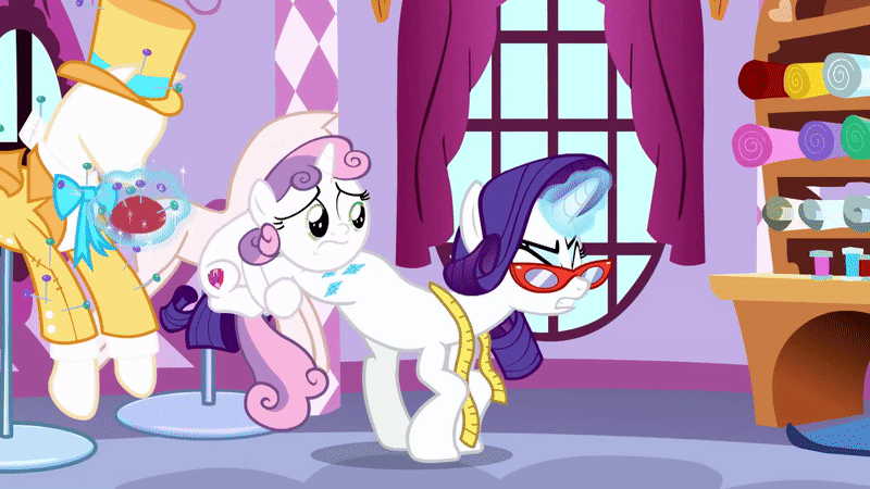 Size: 800x450 | Tagged: safe, screencap, character:rarity, character:sweetie belle, species:pegasus, species:pony, episode:growing up is hard to do, g4, my little pony: friendship is magic, animated, cloth, clothing, eyes closed, gif, glasses, holding on, leg shaking, magic, magic glow, measuring tape, out of context, shake