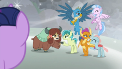 Size: 1920x1080 | Tagged: safe, screencap, character:gallus, character:ocellus, character:sandbar, character:silverstream, character:smolder, character:twilight sparkle, character:twilight sparkle (alicorn), character:yona, species:alicorn, species:changedling, species:changeling, species:classical hippogriff, species:dragon, species:earth pony, species:griffon, species:hippogriff, species:pony, species:reformed changeling, species:yak, ship:yonabar, episode:the ending of the end, g4, my little pony: friendship is magic, bedroom eyes, bow, cloven hooves, colored hooves, dragoness, female, flying, hair bow, jewelry, male, monkey swings, necklace, shipping, shipping fuel, straight, student six, teenager