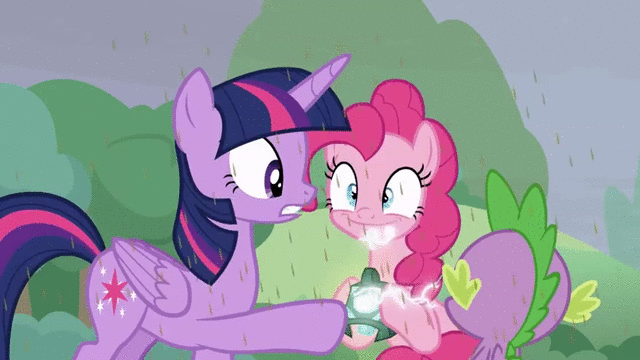 Size: 640x360 | Tagged: safe, screencap, character:applejack, character:discord, character:fluttershy, character:pinkie pie, character:princess celestia, character:princess luna, character:rainbow dash, character:rarity, character:spike, character:starlight glimmer, character:twilight sparkle, character:twilight sparkle (alicorn), species:alicorn, species:pony, episode:the ending of the end, g4, my little pony: friendship is magic, animated, chaos magic, chaos pinkie, equestria is doomed, female, giant pony, giantess, gif, grogar's bell, growth, macro, mane seven, mane six, run for your lives, spoiler, wingding eyes, xk-class end-of-the-world scenario