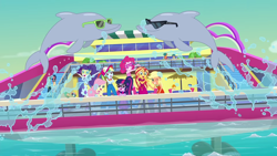 Size: 1920x1080 | Tagged: safe, screencap, character:applejack, character:flash sentry, character:fluttershy, character:pinkie pie, character:rainbow dash, character:rarity, character:sunset shimmer, character:twilight sparkle, character:twilight sparkle (scitwi), species:eqg human, episode:i'm on a yacht, g4, my little pony:equestria girls, background human, dolphin, doodle bug, female, garden grove, geode of telekinesis, humane five, humane seven, humane six, ink jet, magical geodes, male, mile hill, orange sunrise, valhallen