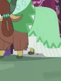 Size: 124x164 | Tagged: safe, screencap, character:sandbar, character:yona, species:earth pony, species:pony, episode:the last problem, g4, my little pony: friendship is magic, animated, cloven hooves, cropped, gif, gif for breezies, hooves, male, older sandbar, picture for breezies, smiling, stallion