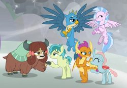 Size: 1346x935 | Tagged: safe, screencap, character:gallus, character:ocellus, character:sandbar, character:silverstream, character:smolder, character:yona, species:changedling, species:changeling, species:classical hippogriff, species:dragon, species:earth pony, species:griffon, species:hippogriff, species:pony, species:reformed changeling, species:yak, ship:yonabar, episode:the ending of the end, g4, my little pony: friendship is magic, bow, cloven hooves, colored hooves, cropped, crossed arms, dragoness, eyes closed, female, flying, hair bow, hooves, jewelry, male, monkey swings, necklace, paws, proud, shipping, shipping fuel, smiling, straight, student six, teenager, wings