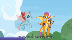 Size: 1280x720 | Tagged: safe, screencap, character:ocellus, character:smolder, species:changedling, species:changeling, species:dragon, species:reformed changeling, episode:the last problem, g4, my little pony: friendship is magic, animation error, claws, dragon wings, dragoness, fangs, female, food, great moments in animation, horns, mug, older ocellus, older smolder, sextant, tea, wings