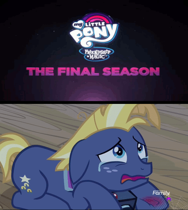 Size: 600x671 | Tagged: safe, screencap, character:star tracker, species:pony, episode:once upon a zeppelin, g4, my little pony: friendship is magic, season 9, animated, crying, exploitable meme, final season, gif, in-universe brony, meme, sad, season 7, series finale, series finale blues