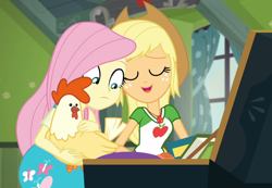 Size: 1558x1080 | Tagged: safe, screencap, character:applejack, character:fluttershy, species:bird, species:chicken, episode:costume conundrum, g4, my little pony:equestria girls, applejack's bedroom, applejack's hat, clothing, costume conundrum: applejack, cowboy hat, cropped, curtains, duo, duo female, eyes closed, female, geode of super strength, hat, magical geodes, trunk, window