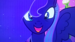 Size: 2560x1440 | Tagged: safe, screencap, character:princess luna, species:alicorn, species:pony, episode:luna eclipsed, g4, my little pony: friendship is magic, animation error, looking at you, open mouth, picture of a screen, wings