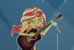 Size: 1600x1080 | Tagged: safe, screencap, character:sunset shimmer, episode:let it rain, g4, my little pony:equestria girls, acoustic guitar, cropped, cute, eyes closed, female, guitar, microphone, microphone stand, musical instrument, rain, shimmerbetes, singing, sleeveless, smiling, solo
