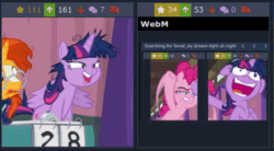 Size: 437x242 | Tagged: safe, screencap, character:pinkie pie, character:sunburst, character:twilight sparkle, character:twilight sparkle (alicorn), species:alicorn, species:earth pony, species:pony, species:unicorn, derpibooru, episode:a trivial pursuit, g4, my little pony: friendship is magic, adorkable, animated, bell, crazy face, cropped, cute, dork, eyes closed, faec, female, flailing, floppy ears, frown, glasses, juxtaposition, magic, male, mare, messy mane, meta, no sound, open mouth, smiling, solo focus, stallion, twiabetes, twilight snapple, twilight sparkle is best facemaker, twilighting, twilynanas, webm, wide eyes, wings