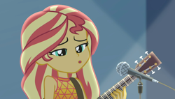 Size: 1898x1080 | Tagged: safe, screencap, character:sunset shimmer, episode:let it rain, g4, my little pony:equestria girls, acoustic guitar, beautiful, cute, female, guitar, microphone, microphone stand, musical instrument, shimmerbetes, singing, sleeveless, solo