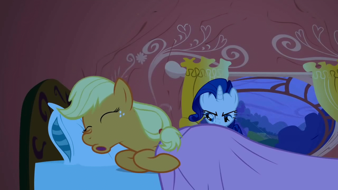 Size: 1280x720 | Tagged: safe, screencap, character:applejack, character:rarity, species:pony, episode:look before you sleep, g4, my little pony: friendship is magic, animated, bed, cute, golden oaks library, pillow, rain, sleeping, storm, window
