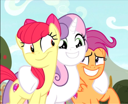 Size: 946x773 | Tagged: safe, screencap, character:apple bloom, character:scootaloo, character:sweetie belle, species:earth pony, species:pegasus, species:pony, species:unicorn, episode:growing up is hard to do, g4, my little pony: friendship is magic, adorabloom, cropped, cute, cutealoo, cutie mark, cutie mark crusaders, diasweetes, excited, female, group hug, hug, mare, older, older apple bloom, older cmc, older scootaloo, older sweetie belle, raised hoof, smiling, the cmc's cutie marks, trio, underhoof