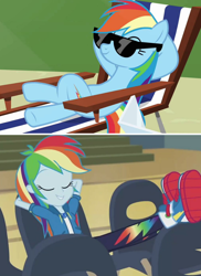 Size: 914x1254 | Tagged: safe, screencap, character:rainbow dash, species:pegasus, species:pony, episode:too many pinkie pies, g4, my little pony: friendship is magic, my little pony:equestria girls, arm behind head, awesome, chair, chillaxing, cooler, counterparts, crossed legs, cute, eyes closed, female, mare, pose, solo, sunglasses