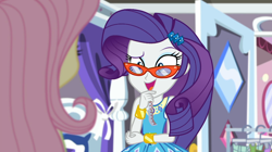 Size: 1910x1071 | Tagged: safe, screencap, character:fluttershy, character:rarity, episode:costume conundrum, g4, my little pony:equestria girls, bracelet, clothes rack, costume conundrum: rarity, female, jewelry, measuring tape, open mouth, raised eyebrow, rarity's bedroom, rarity's glasses, smiling