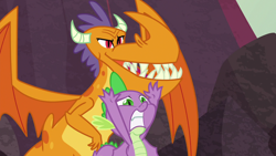 Size: 1280x720 | Tagged: safe, screencap, character:spike, species:dragon, episode:sweet and smoky, g4, my little pony: friendship is magic, billy (dragon), duo, male, raised arms, teenaged dragon