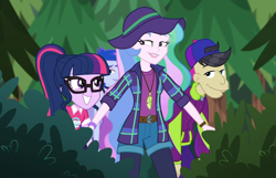 Size: 1676x1080 | Tagged: safe, screencap, character:cranky doodle donkey, character:princess celestia, character:princess luna, character:principal celestia, character:twilight sparkle, character:twilight sparkle (scitwi), character:vice principal luna, species:eqg human, episode:the road less scheduled, g4, my little pony:equestria girls, backwards ballcap, baseball cap, cap, clothing, cropped, excited, feather, feather necklace, female, flannel, glasses, grin, hat, jewelry, male, music festival outfit, necklace, outdoors, ponytail, siblings, sisters, smiling, the road less scheduled: celestia, vice principal luna