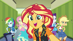 Size: 1280x720 | Tagged: safe, screencap, character:applejack, character:fluttershy, character:rainbow dash, character:rarity, character:sunset shimmer, episode:do it for the ponygram!, g4, my little pony:equestria girls, cute, lockers, looking at you, shimmerbetes