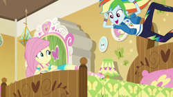 Size: 1280x720 | Tagged: safe, screencap, character:fluttershy, character:rainbow dash, episode:do it for the ponygram!, g4, my little pony:equestria girls, bed, dive bomb, fluttershy's bedroom, geode of fauna, geode of super speed, magical geodes, surprised