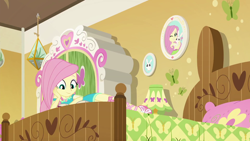 Size: 1920x1080 | Tagged: safe, screencap, character:angel bunny, character:fluttershy, species:rabbit, episode:do it for the ponygram!, g4, my little pony:equestria girls, animal, bed, fluttershy's bedroom, solo