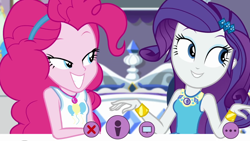 Size: 1280x720 | Tagged: safe, screencap, character:pinkie pie, character:rarity, episode:do it for the ponygram!, g4, my little pony:equestria girls, cute, evil grin, geode of shielding, geode of sugar bombs, grin, magical geodes, raribetes, rarity's bedroom, smiling