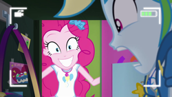 Size: 1920x1080 | Tagged: safe, screencap, character:pinkie pie, character:rainbow dash, episode:do it for the ponygram!, g4, my little pony:equestria girls, camera shot, creepy, creepy smile, geode of sugar bombs, geode of super speed, grin, lockers, magical geodes, pinkie pie is best facemaker, scared, scaredy dash, screaming, smiling, this will end in cupcakes