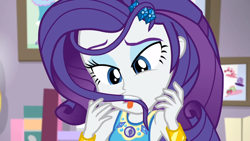 Size: 1920x1080 | Tagged: safe, screencap, character:rarity, episode:do it for the ponygram!, g4, my little pony:equestria girls, female, geode of shielding, hair in mouth, magical geodes, majestic as fuck, solo