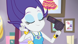 Size: 1920x1080 | Tagged: safe, screencap, character:rarity, episode:do it for the ponygram!, g4, my little pony:equestria girls, eyes closed, female, geode of shielding, hair dryer, magical geodes, solo