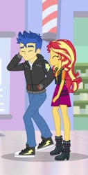 Size: 364x715 | Tagged: safe, screencap, character:flash sentry, character:sunset shimmer, episode:do it for the ponygram!, g4, my little pony:equestria girls, barbershop pole, canterlot mall, clothing, converse, cropped, cute, diasentres, eyes closed, hand in pocket, hoodie, pants, shimmerbetes, shipping fuel, shoes