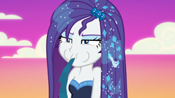 Size: 1920x1080 | Tagged: safe, screencap, character:rarity, episode:do it for the ponygram!, episode:the other side, g4, my little pony:equestria girls, bare shoulders, blooper, female, lidded eyes, sleeveless, solo, spitting, strapless, the other side bloopers, water, wet, wet hair, wet hairity