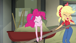 Size: 1280x720 | Tagged: safe, screencap, character:applejack, character:pinkie pie, episode:do it for the ponygram!, episode:five to nine, episode:outtakes, g4, my little pony:equestria girls, barn, laughing, sweet apple acres, wheelbarrow