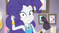 Size: 1920x1080 | Tagged: safe, screencap, character:rarity, episode:do it for the ponygram!, g4, my little pony:equestria girls, alternate hairstyle, female, geode of shielding, hairstyle swap, magical geodes, pinkie pie hair, pinkity, rarity's bedroom, solo