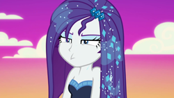 Size: 1920x1080 | Tagged: safe, screencap, character:rarity, episode:do it for the ponygram!, episode:the other side, g4, my little pony:equestria girls, bare shoulders, blooper, female, lidded eyes, sleeveless, solo, strapless, the other side bloopers, wet hair, wet hairity