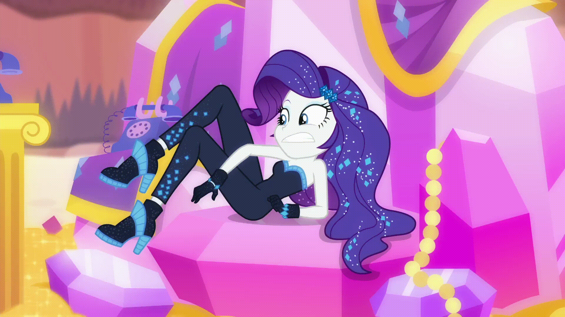 Size: 1920x1080 | Tagged: safe, screencap, character:rarity, episode:do it for the ponygram!, episode:outtakes, episode:the other side, g4, my little pony:equestria girls, animated, bare shoulders, blooper, bodysuit, breasts, cleavage, clothing, cute, female, gif, hasbro-sponsored official cleavage, high heels, rarara, raribetes, rotary phone, shoes, sleeveless, strapless, tangled up, telephone cord, the other side bloopers