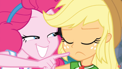 Size: 1920x1080 | Tagged: safe, screencap, character:applejack, character:pinkie pie, episode:do it for the ponygram!, g4, my little pony:equestria girls, eyes closed, frown, geode of sugar bombs, geode of super strength, grin, magical geodes, poking, smiling
