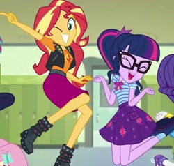 Size: 553x526 | Tagged: safe, screencap, character:fluttershy, character:rainbow dash, character:rarity, character:sunset shimmer, character:twilight sparkle, character:twilight sparkle (scitwi), species:eqg human, episode:do it for the ponygram!, g4, my little pony:equestria girls, adorkable, boots, clothing, cropped, cute, cutie mark on clothes, dork, geode of telekinesis, glasses, happy, high heel boots, jumping, magic skirt, magical geodes, miniskirt, moe, offscreen character, one eye closed, ponytail, pose, selfie, shimmerbetes, shoes, skirt, socks, twiabetes, wink