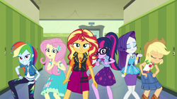 Size: 1280x720 | Tagged: safe, screencap, character:applejack, character:fluttershy, character:rainbow dash, character:rarity, character:sunset shimmer, character:twilight sparkle, character:twilight sparkle (scitwi), species:eqg human, episode:do it for the ponygram!, g4, my little pony:equestria girls, canterlot high, faec, geode of empathy, geode of shielding, geode of super speed, geode of super strength, geode of telekinesis, group shot, lockers, looking at you, magical geodes, nervous, pose, smiling, varying degrees of want