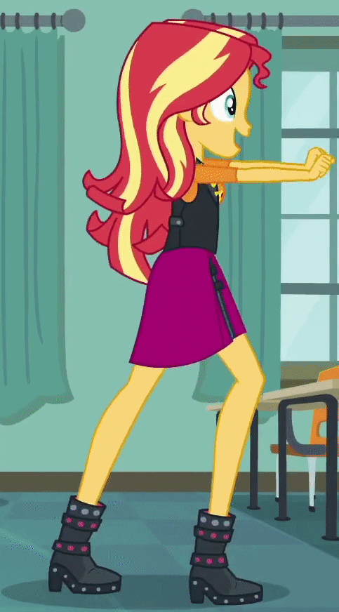 Size: 483x872 | Tagged: safe, screencap, character:sunset shimmer, episode:do it for the ponygram!, g4, my little pony:equestria girls, animated, boots, canterlot high, classroom, cropped, cute, dancing, female, legs, perfect loop, running man, shimmerbetes, shoes, shuffle, solo