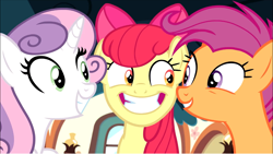 Size: 1374x774 | Tagged: safe, screencap, character:apple bloom, character:scootaloo, character:sweetie belle, species:earth pony, species:pegasus, species:pony, species:unicorn, episode:growing up is hard to do, g4, my little pony: friendship is magic, bow, cropped, cutie mark crusaders, excited, female, friendship express, hair bow, looking at each other, mare, older, older apple bloom, older cmc, older scootaloo, older sweetie belle, smiling, teeth, trio