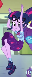 Size: 251x610 | Tagged: safe, screencap, character:rarity, character:sunset shimmer, character:twilight sparkle, character:twilight sparkle (scitwi), species:eqg human, episode:do it for the ponygram!, g4, my little pony:equestria girls, canterlot high, clothing, cropped, cute, female, geode of telekinesis, glasses, legs, magical geodes, offscreen character, ponytail, shoes, skirt, skirt lift, socks