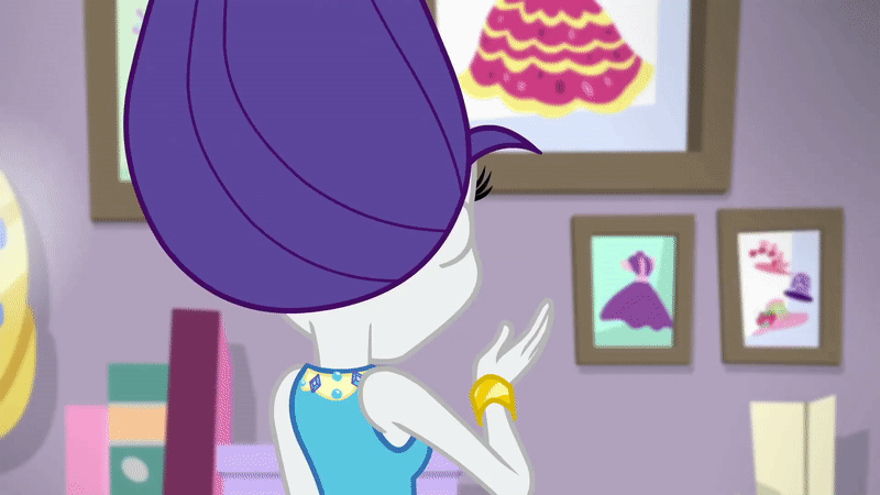 Size: 800x450 | Tagged: safe, screencap, character:rarity, episode:do it for the ponygram!, g4, my little pony:equestria girls, alternate hairstyle, animated, confused, eyeshadow, geode of shielding, gif, hair dryer, hairstyle swap, magical geodes, makeup, pinkie pie hair, rarity's bedroom, smiling, solo, static, what the hay?