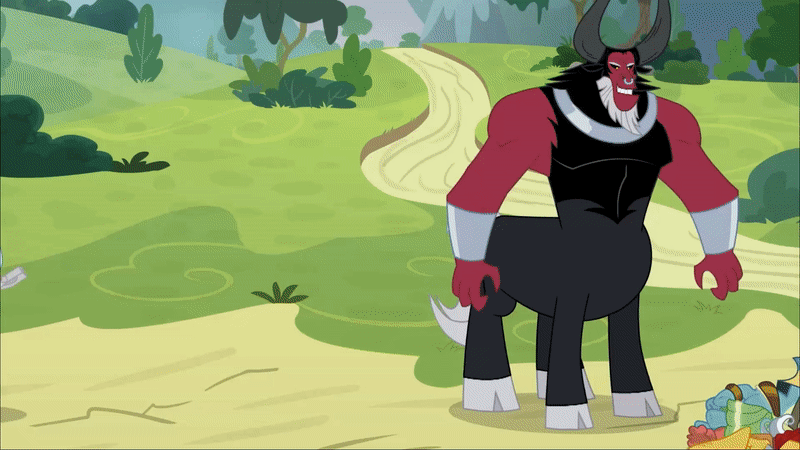 Size: 800x450 | Tagged: safe, screencap, character:lord tirek, character:rockhoof, species:centaur, species:earth pony, species:pony, episode:the ending of the end, g4, my little pony: friendship is magic, leak, animated, attack, break, broken, cloven hooves, colored hooves, draining, gif, levitation, magic, magic drain, male, nose piercing, nose ring, piercing, rockhoof's shovel, scared, shattered, shocked, shovel, shrinking, stallion, struggle, telekinesis, that centaur sure does love magic