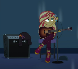 Size: 958x852 | Tagged: safe, screencap, character:sunset shimmer, episode:let it rain, g4, my little pony:equestria girls, acoustic guitar, amplifier, boots, cropped, crossed legs, female, guitar, microphone, microphone stand, musical instrument, shoes, solo, stool