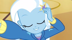 Size: 1920x1080 | Tagged: safe, screencap, character:trixie, episode:do it for the ponygram!, g4, my little pony:equestria girls, barrette, clothing, cute, diatrixes, eyes closed, female, gym, hoodie, selfie, smiling