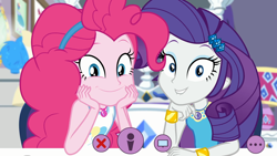 Size: 1920x1080 | Tagged: safe, screencap, character:pinkie pie, character:rarity, episode:do it for the ponygram!, g4, my little pony:equestria girls, bracelet, cute, diapinkes, duo, duo female, female, geode of shielding, geode of sugar bombs, jewelry, lip bite, looking at you, magical geodes, raribetes, rarity's bedroom, smiling, webcam