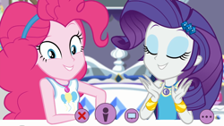 Size: 1920x1080 | Tagged: safe, screencap, character:pinkie pie, character:rarity, episode:do it for the ponygram!, g4, my little pony:equestria girls, bracelet, cute, diapinkes, duo, duo female, eyes closed, eyeshadow, female, geode of shielding, geode of sugar bombs, jewelry, looking at you, magical geodes, makeup, raribetes, rarity's bedroom, smiling, webcam
