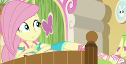 Size: 598x306 | Tagged: safe, screencap, character:angel bunny, character:fluttershy, episode:do it for the ponygram!, g4, my little pony:equestria girls, bed, book, cropped, cute, female, fluttershy's bedroom, geode of fauna, in bed, legs, looking up, magical geodes, sandals, shyabetes, solo