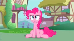 Size: 1280x720 | Tagged: safe, screencap, character:pinkie pie, species:earth pony, species:pony, episode:a friend in deed, g4, my little pony: friendship is magic, confused, female, mare, pinkie pie is not amused, ponyville, sitting, solo, unamused