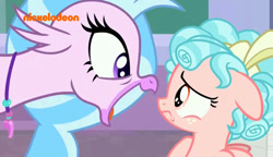 Size: 800x461 | Tagged: safe, screencap, character:cozy glow, character:silverstream, species:hippogriff, species:pony, episode:what lies beneath, g4, my little pony: friendship is magic, floppy ears, looking at each other, nickelodeon, open mouth