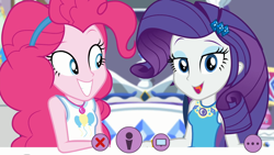 Size: 1920x1080 | Tagged: safe, screencap, character:pinkie pie, character:rarity, episode:do it for the ponygram!, g4, my little pony:equestria girls, bed, bracelet, duo, duo female, female, geode of shielding, geode of sugar bombs, jewelry, looking at you, magical geodes, rarity's bedroom, smiling, webcam