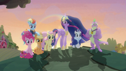 Size: 1920x1080 | Tagged: safe, screencap, character:applejack, character:fluttershy, character:pinkie pie, character:rainbow dash, character:rarity, character:spike, character:twilight sparkle, character:twilight sparkle (alicorn), species:alicorn, species:dragon, species:pegasus, species:pony, species:unicorn, episode:the last problem, g4, my little pony: friendship is magic, alternate hairstyle, crown, female, gigachad spike, jewelry, mane seven, mane six, mare, older, older applejack, older fluttershy, older pinkie pie, older rainbow dash, older rarity, older spike, older twilight, princess twilight 2.0, regalia, sunset, sweet apple acres barn, the end, winged spike
